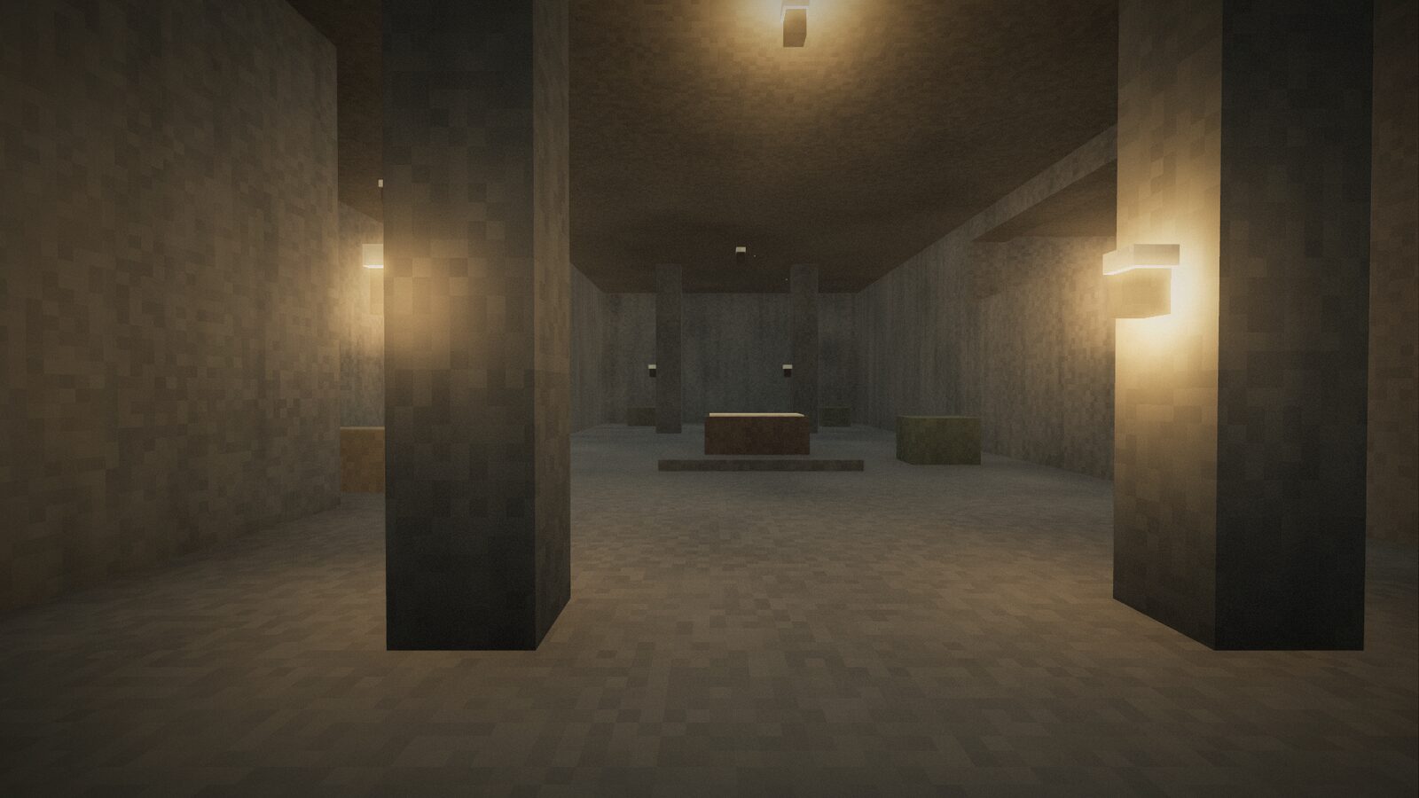 The pillared command hall deep inside the bunker, lit by its wall lamps.