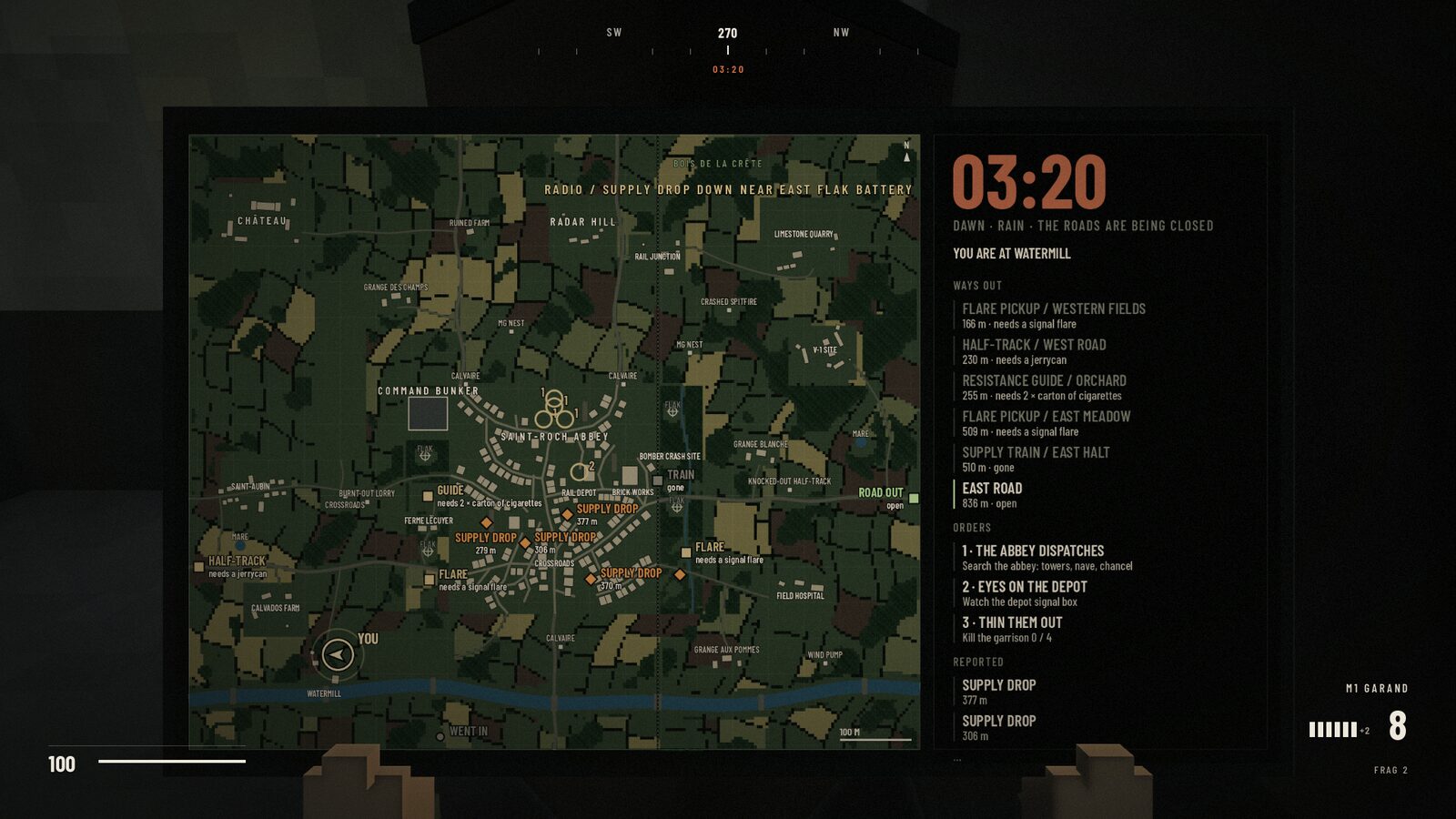 The map with three minutes and twenty seconds left: the extractions, their distances and the orders still open.