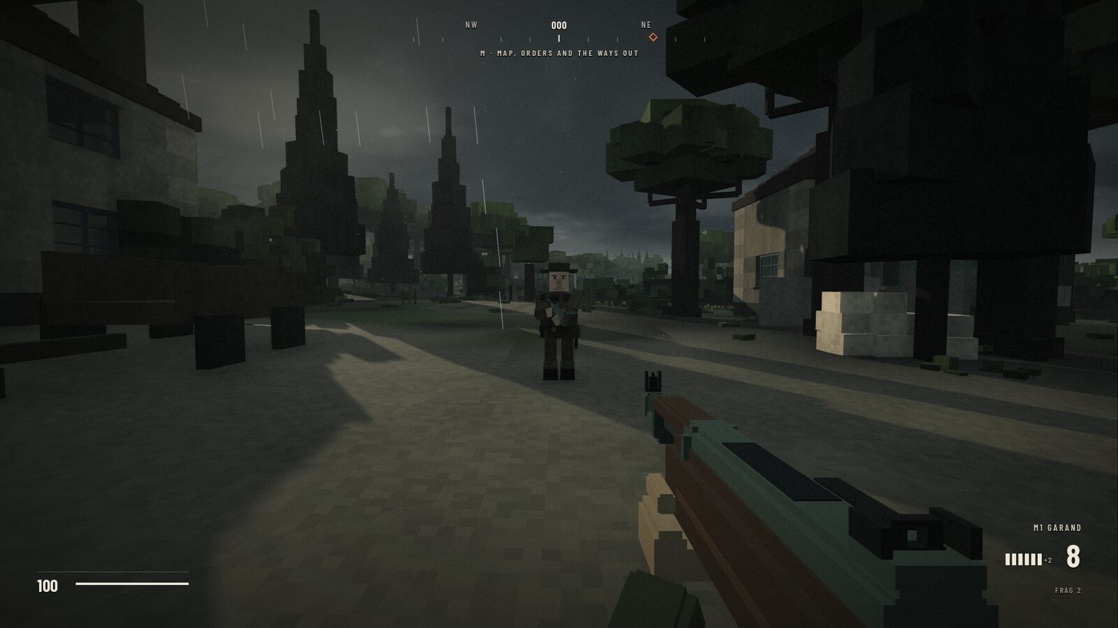 An M1 Garand raised on a rainy road at dawn, a soldier of the garrison standing in the road ahead.