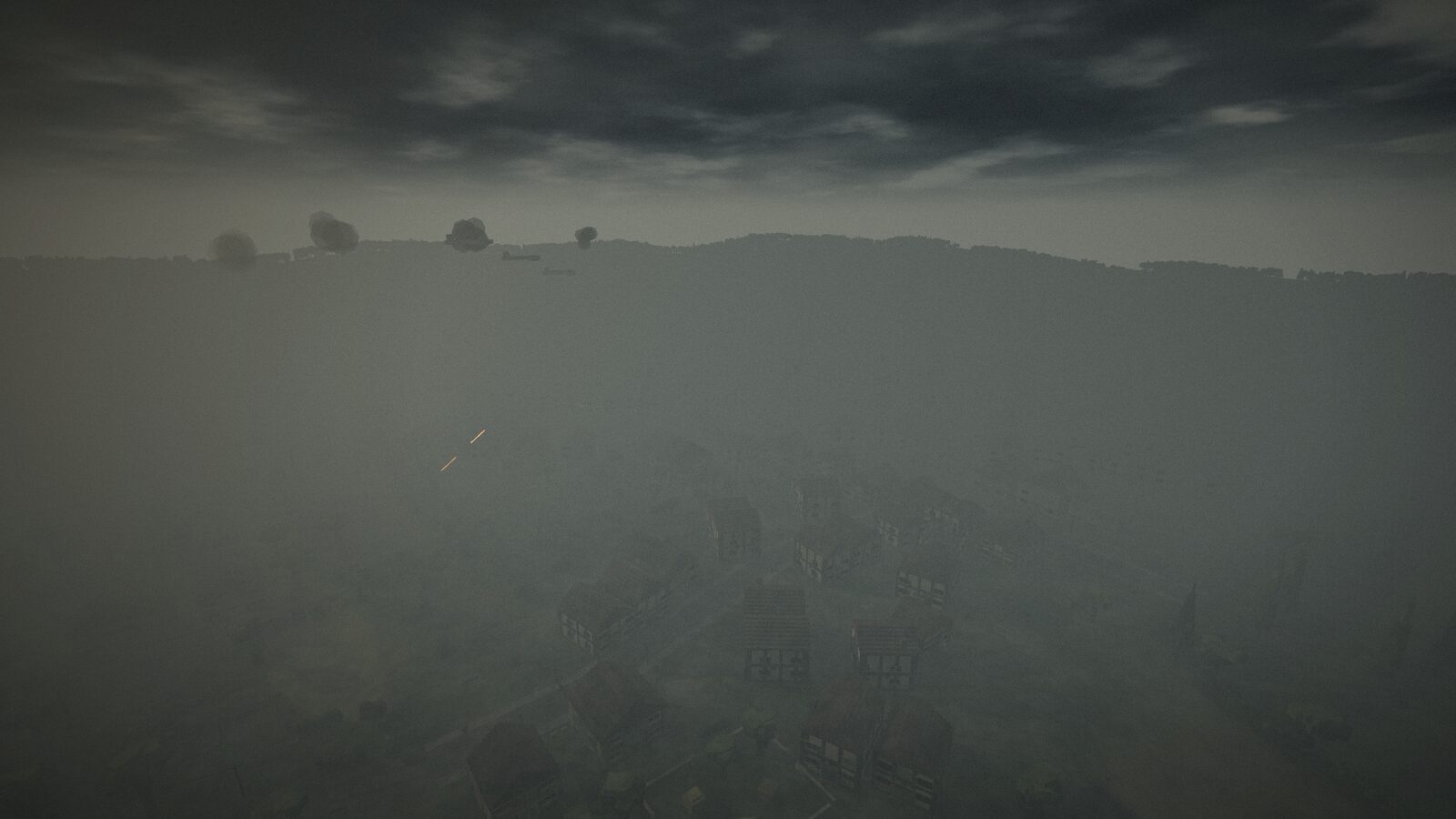 Saint-Roch from above in thick dawn fog, bombers crossing the hills beyond.