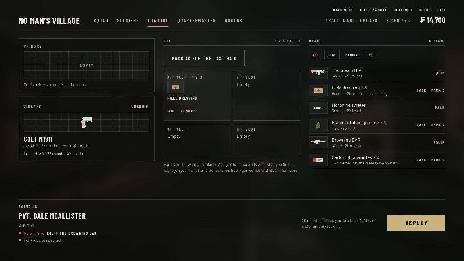 The loadout screen: a Colt M1911 in the sidearm slot, kit slots and the stash of guns, grenades and dressings.