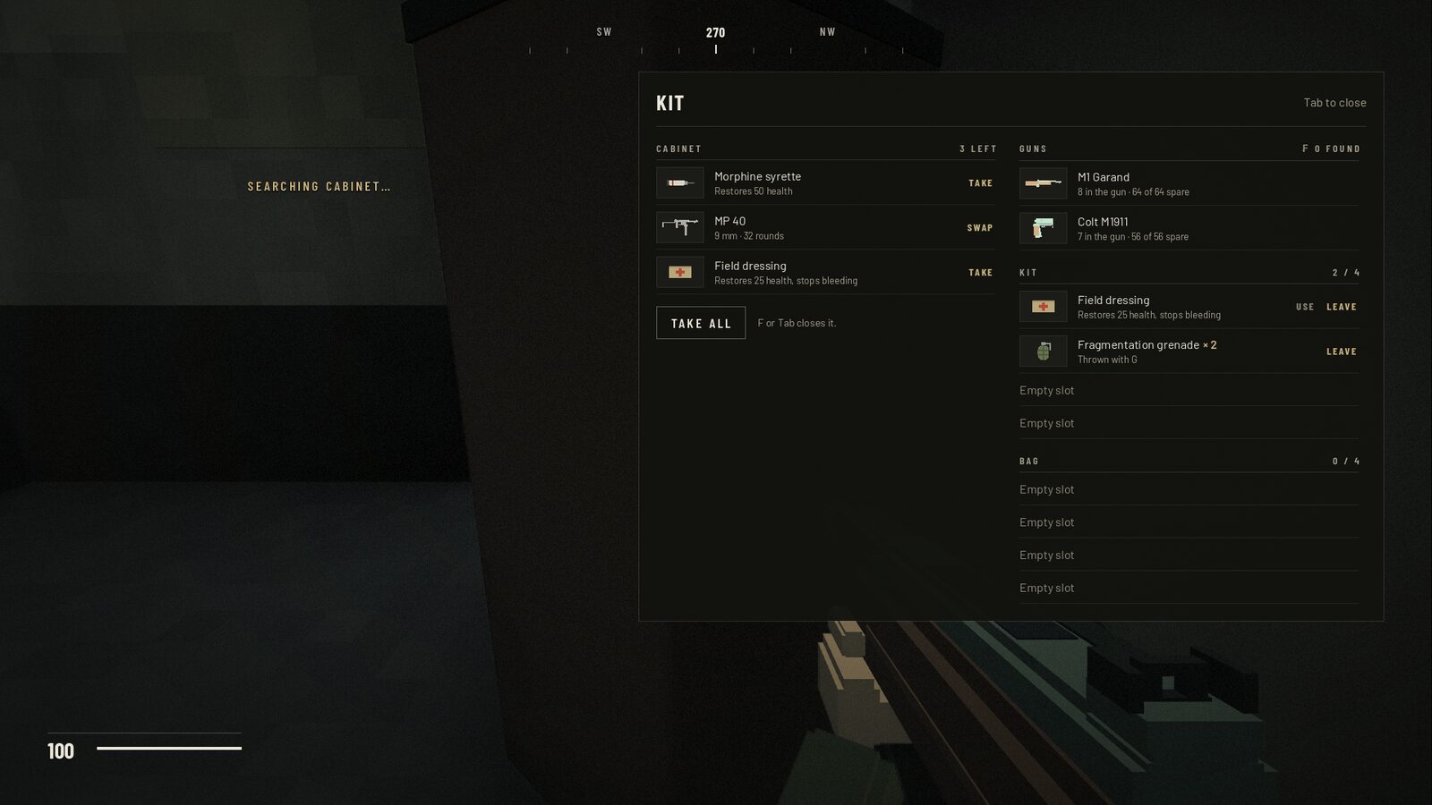 Searching a cabinet in a dark house: the kit panel lists what it holds beside the kit and the bag.