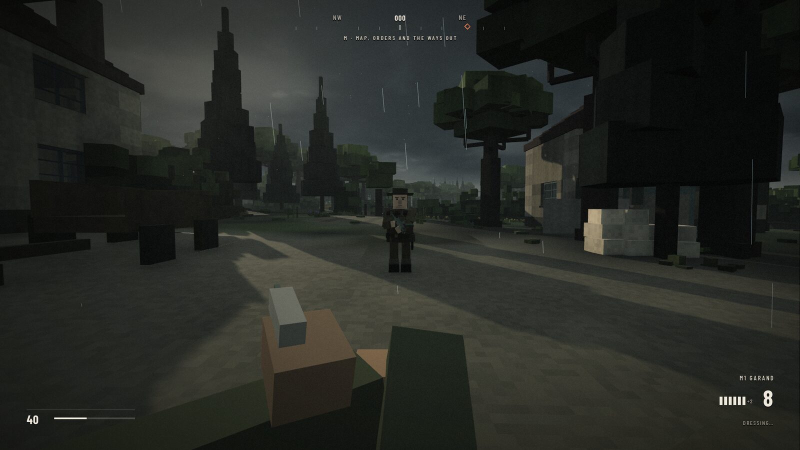 A morphine syrette in hand on a rainy road at dawn, a soldier of the garrison ahead, health at forty.