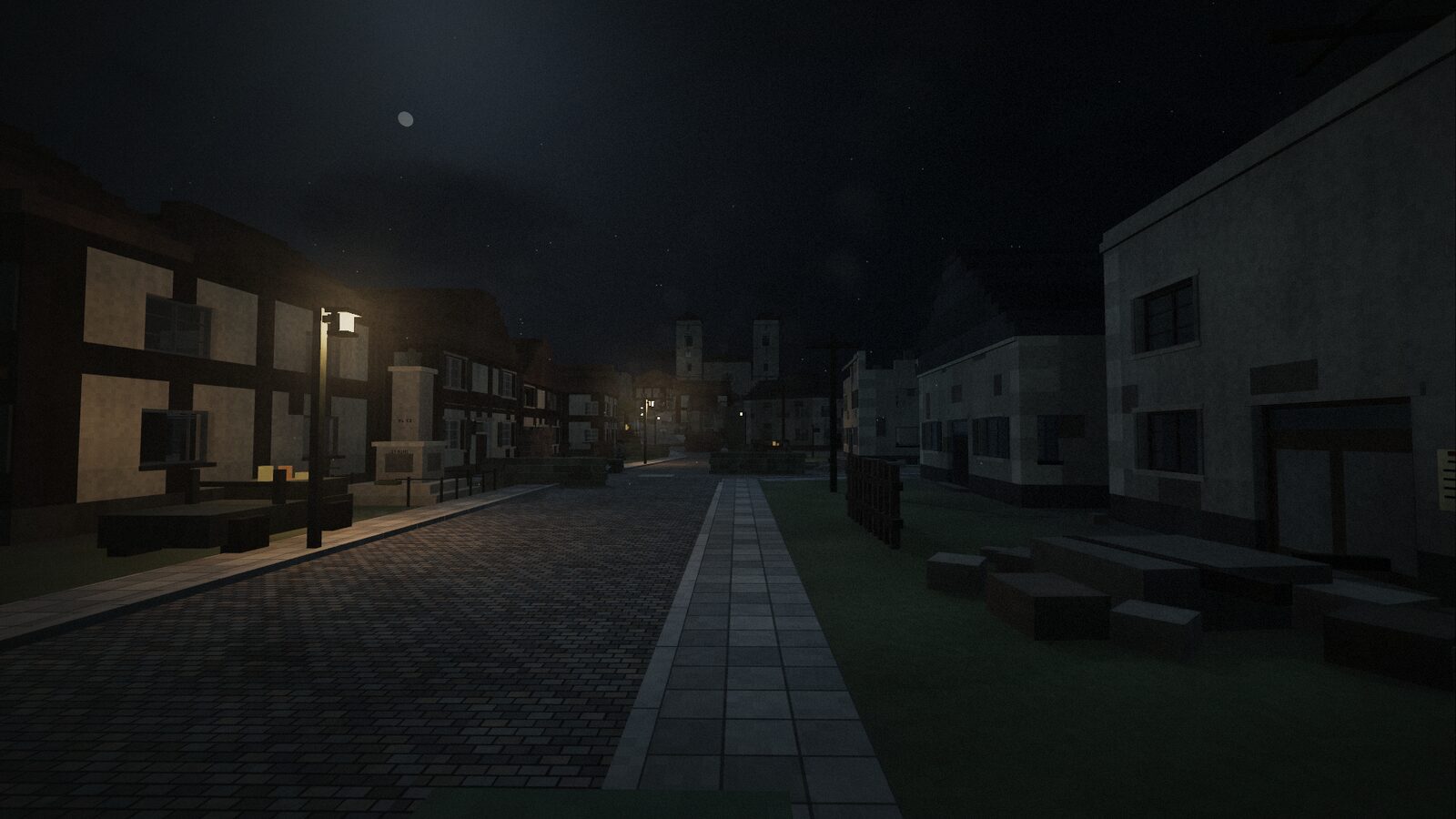 The main street on a clear night under the moon, a lamp lit by the houses.