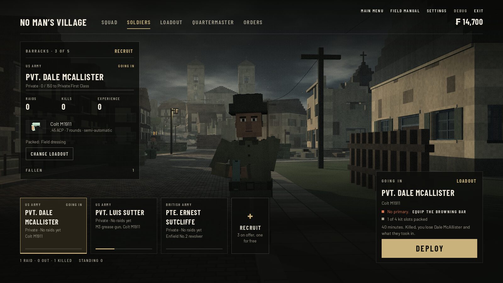 The soldiers screen: a US Army private standing in the street, his squad listed below.