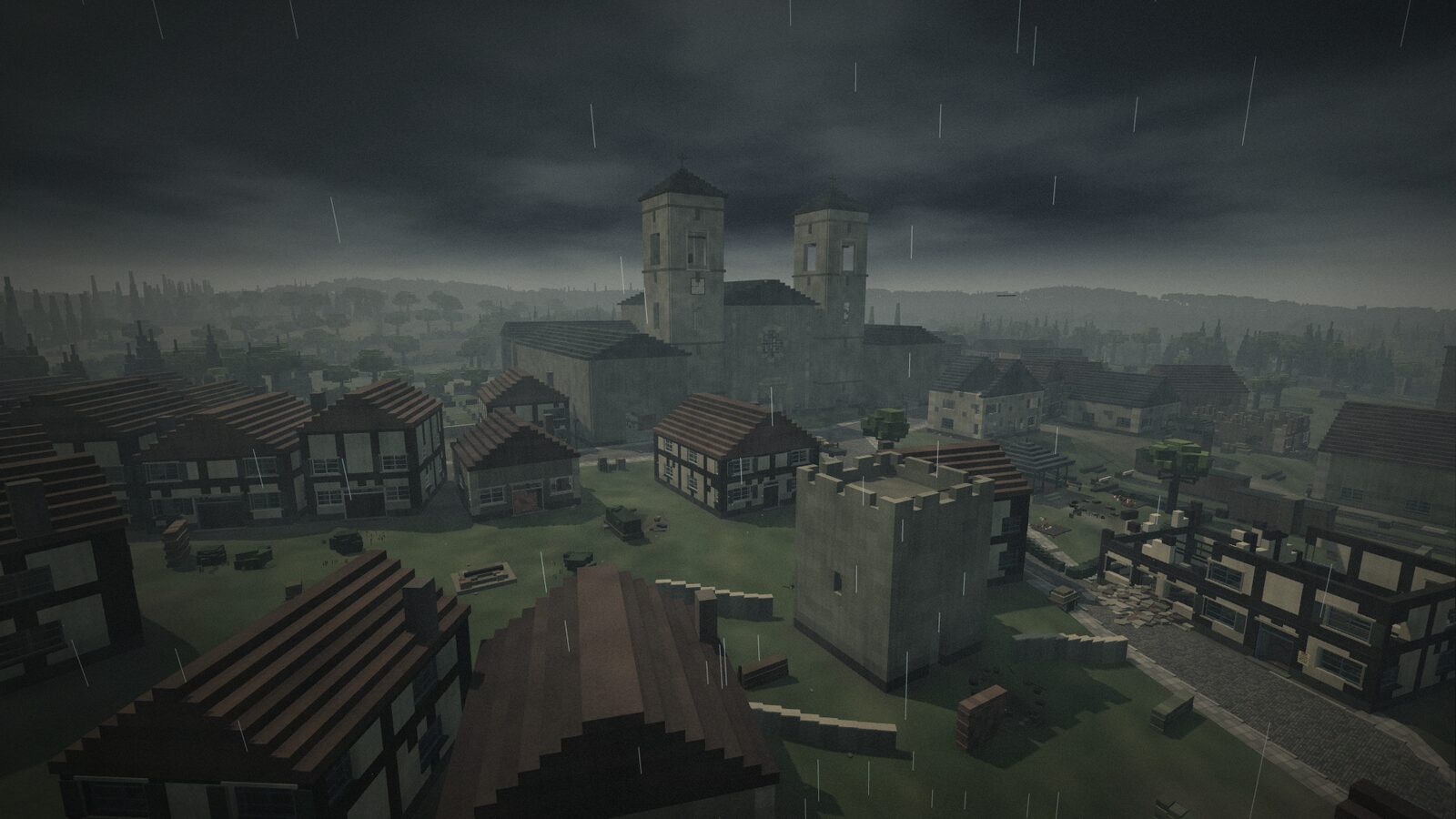 A storm over the abbey in the afternoon, rain across the rooftops.